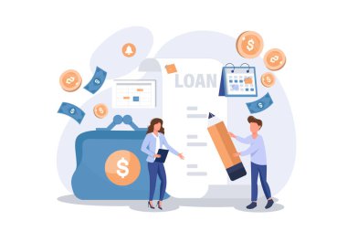 Kredi sözleşmesi imzalıyor. Banka kredisi. Finans yönetimi. İpotek kredisi. Kredi ödemesi, hızlı kredi hizmeti, kolay kredi programı konsepti. düz vektör modern illüstrasyon