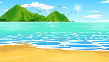 Tropik mavi deniz ve ufukta dağ olan kumsal, vektör arkaplan.