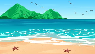 Tropical blue sea and a sand beach with mountain on horizon, vector background.