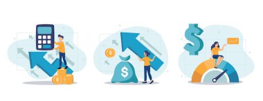 Maliyet optimizasyon konsepti ayarlandı. Finansal ve pazarlama stratejisi. Maliyet ve gelir dengesi. Harcama ve maliyet düşüşü, iş değerini en üst düzeye çıkarırken. İzole edilmiş düz çizim vektörü