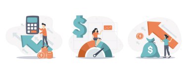 Maliyet optimizasyon konsepti ayarlandı. Finansal ve pazarlama stratejisi. Maliyet ve gelir dengesi. Harcama ve maliyet düşüşü, iş değerini en üst düzeye çıkarırken. İzole edilmiş düz çizim vektörü