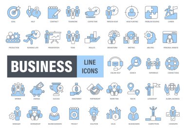 İş adamları ve yönetim ana hatları simgesi seti. Düz vektör illüstrasyonu