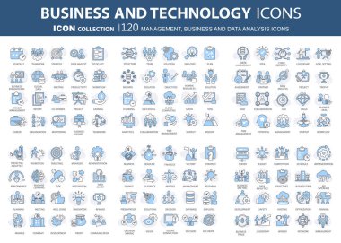 İş, veri analizi, organizasyon yönetimi ve teknoloji ikonu seti. Takım çalışması, strateji, planlama, pazarlama, bulut teknolojisi, veri analizi, çalışan simgesi seti. Simge vektör koleksiyonu