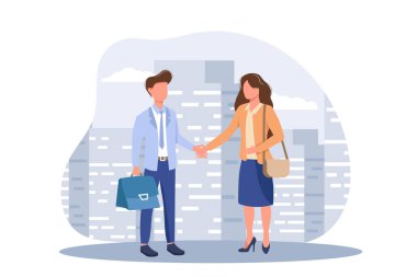 Takım olarak birlikte çalışarak web iniş sayfası, afiş, sunum ve sosyal medya için şablon oluşturacağız. İnsan karakteriyle iş ortaklığı fikri. Düz vektör modern resimleme