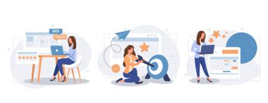 Müşteri davranış analizi soyut konsept vektör çizimi seti. Veri güdümlü pazarlama, kullanıcı geribildirimi ve web sitesi derecelendirmesi, çevrimiçi anket, kullanıcı verileri, pazarlama araştırma aracı soyut metafor.