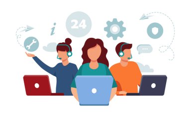 Canlı destek konsepti. Müşteri hizmetleri konsepti. Bizimle iletişim kurmak için simge, destek, yardım, telefon görüşmesi ve web sitesi tıklama. Düz vektör illüstrasyonu.