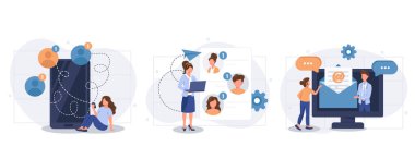 E- posta servisi konsepti. Kullanıcılar sohbetlerde yazışıyorlar, uygulamalarla mesajlar gönderiyorlar. İnsanlar düz tasarımla sahneleri izole ettiler. Blogculuk, web sitesi, mobil uygulama, tanıtım materyalleri için vektör illüstrasyonu