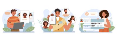 İş arama ve işe alım seti. İnsan Kaynakları Yöneticisi 'nin yetkileri ayarlandı. İşe alım ve personel kavramı. İnsan Kaynakları müdürü, çalışan performansını sürdürmek için bir iş adayı arıyor. Düz vektör