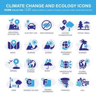 İklim değişikliği, ekoloji, yeşil enerji, park ve hava durumu ikonu seti. Küresel ısınma, yenilenebilir enerji, sera, eriyen buz, toprak kirliliği, açık hava aktiviteleri. Düz vektör illüstrasyonu
