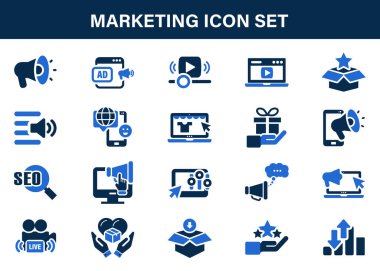 Pazarlama ve reklam ikonu koleksiyonu. İçerik, arama, stratejiler, pazarlama, e-ticaret, Seo. Düz vektör illüstrasyonu