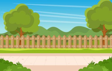 Bahar ya da yaz manzarası. Ahşap çitli bahçe bahçesi, yeşil ağaçlar ve çalılar, çimenler, park bitkileri. Düz biçimli vektör illüstrasyonu