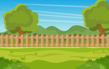 Bahar ya da yaz manzarası. Ahşap çitli bahçe bahçesi, yeşil ağaçlar ve çalılar, çimenler, park bitkileri. Düz biçimli vektör illüstrasyonu