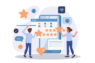 Müşteri memnuniyeti. Geri bildirim. Müşteri hizmetleri illüstrasyonuna not veriyorum. Web sitesi değerlendirme ve değerlendirme konsepti. Düz vektör illüstrasyonu