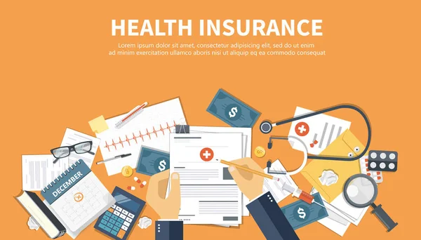 Concetto Assicurazione Sanitaria Uomo Compila Sotto Forma Assicurazione Sanitaria Illustrazione — Vettoriale Stock