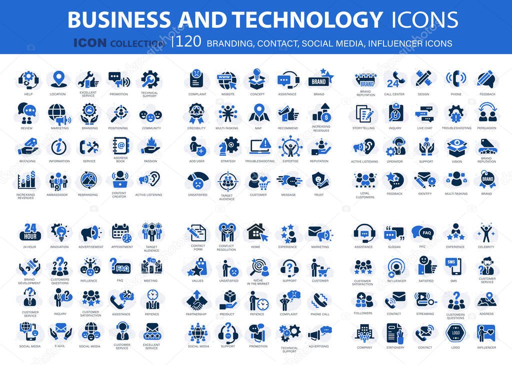 Customer service, branding, influencer, contact icon set. Contact us, follower, marketing, leadership, influence, content, community and customer icons. Support and satisfaction icon set. Vector set