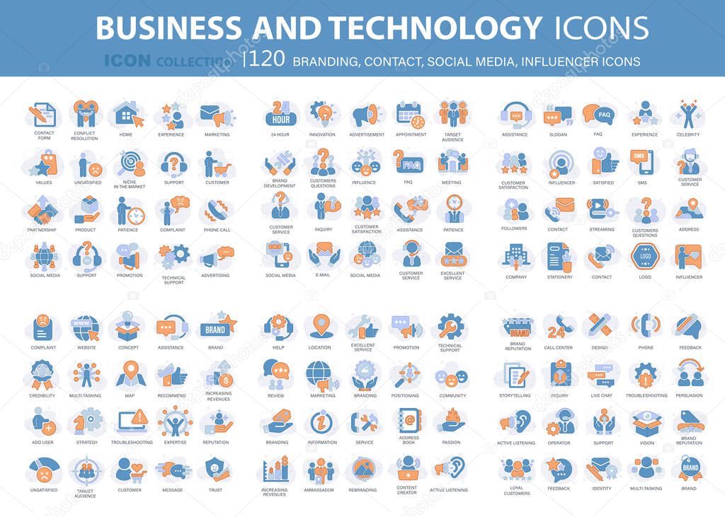 Customer service, branding, influencer, contact icon set. Contact us, follower, marketing, leadership, influence, content, community and customer icons. Support and satisfaction icon set. Vector set