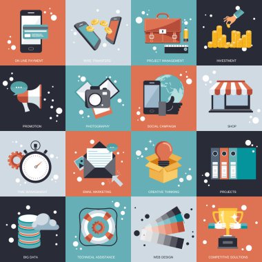 İş, yönetim, teknoloji renkli ikon koleksiyonu. Düz vektör illüstrasyonu