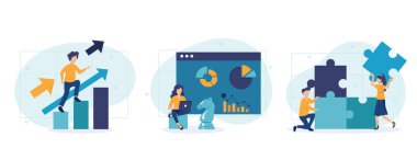 İş stratejisi çizimi. Yapboz oluşturan karakterler, satranç figürlerini hareket ettiren, finansal büyümeyi gösteren. Strateji, planlama ve başarı konsepti. Vektör illüstrasyonu.