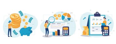 Maliyet optimizasyon konsepti ayarlandı. Finansal ve pazarlama stratejisi. Maliyet ve gelir dengesi. Harcama ve maliyet düşüşü, iş değerini en üst düzeye çıkarırken. İzole edilmiş düz çizim vektörü