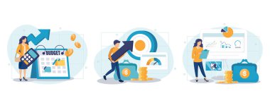 Maliyet optimizasyon konsepti ayarlandı. Finansal ve pazarlama stratejisi. Maliyet ve gelir dengesi. Harcama ve maliyet düşüşü, iş değerini en üst düzeye çıkarırken. İzole edilmiş düz çizim vektörü