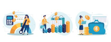 Maliyet optimizasyon konsepti ayarlandı. Finansal ve pazarlama stratejisi. Maliyet ve gelir dengesi. Harcama ve maliyet düşüşü, iş değerini en üst düzeye çıkarırken. İzole edilmiş düz çizim vektörü