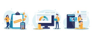 Credit approval illustration set. Characters with good credit score receiving loan approval from bank. Personal finance concept. Vector illustration. clipart
