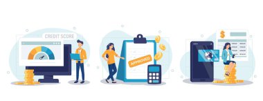 Kredi onayı çizelgesi. Kredi puanı iyi olan karakterler bankadan kredi onayı alıyorlar. Kişisel finans konsepti. Vektör illüstrasyonu.