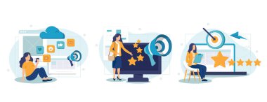 Müşteri davranış analizi soyut konsept vektör çizimi seti. Veri güdümlü pazarlama, kullanıcı geribildirimi ve web sitesi derecelendirmesi, çevrimiçi anket, kullanıcı verileri, pazarlama araştırma aracı soyut metafor.