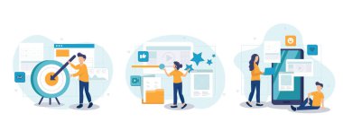 Müşteri davranış analizi soyut konsept vektör çizimi seti. Veri güdümlü pazarlama, kullanıcı geribildirimi ve web sitesi derecelendirmesi, çevrimiçi anket, kullanıcı verileri, pazarlama araştırma aracı soyut metafor