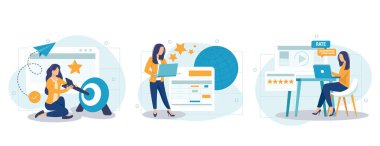 Müşteri davranış analizi soyut konsept vektör çizimi seti. Veri güdümlü pazarlama, kullanıcı geribildirimi ve web sitesi derecelendirmesi, çevrimiçi anket, kullanıcı verileri, pazarlama araştırma aracı soyut metafor.