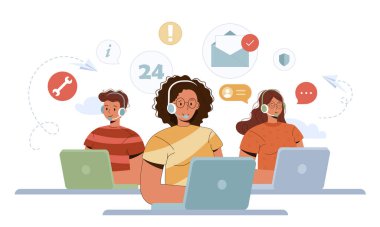 Canlı destek konsepti. Müşteri hizmetleri konsepti. Bizimle iletişim kurmak için simge, destek, yardım, telefon görüşmesi ve web sitesi tıklama. Düz vektör illüstrasyonu.