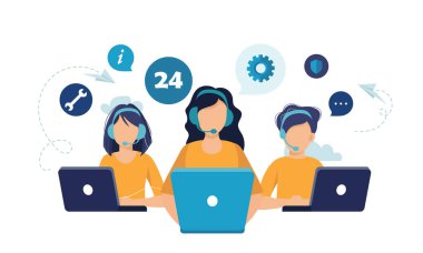 Canlı destek konsepti. Müşteri hizmetleri konsepti. Bizimle iletişim kurmak için simge, destek, yardım, telefon görüşmesi ve web sitesi tıklama. Düz vektör illüstrasyonu.