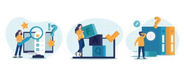 Sıklık sorulan sorular ve yardımcı çizim seti. Yardım masası hizmeti ile iletişime geçen, sorular soran ve cevapları alan karakterler. Müşteri destek konsepti. Vektör illüstrasyonu.