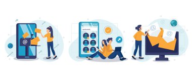 E- posta hizmeti web sitesi konsepti, insan sahneleri düz bir şekilde ayarlandı. Çevrimiçi iletişim programları, mesaj gönderme ve alma, tanıtım bülteni. Karakter tasarımı ile vektör illüstrasyonu