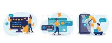 İnsanların sahnelerinin düz bir şekilde çekildiği geri bildirim sayfası web konsepti. Müşteri memnuniyeti, yüksek dereceli yıldızlar ve beğeni, pozitif müşteri deneyimi. Karakter tasarımı ile vektör illüstrasyonu