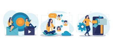 E- posta servisi izole edildi. Reklam ya da bülten, kişisel yazışmalar. Düz dizaynlı sahnelerin koleksiyonu. Blogculuk, web sitesi, mobil uygulama, tanıtım materyalleri için vektör illüstrasyonu