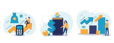 Mali büyüme çizelgesi. Yatırımları analiz eden karakterler, finansal başarıyı ve para büyümesini kutlayan karakterler. Para artırma konsepti. Vektör illüstrasyonu.