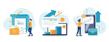 Mali illüstrasyon seti. Karakterler borsaya para yatırıyor. Finansal grafikleri, son borsa haberlerini ve diğer verileri analiz eden insanlar. Borsa konsepti. Vektör illüstrasyonu.
