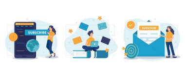 E-posta pazarlama ve tanıtım illüstrasyon seti. Satışlar ve indirimlerle reklam postaları ve promosyon teklifleri gönderen karakterler. Ticaret dünyası konsepti. Vektör illüstrasyonu