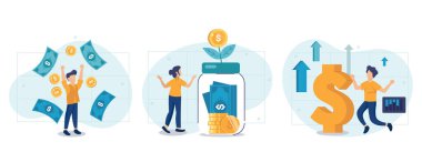 Pasif gelir çizelgesi. Finansal özgürlüğün ve bağımsızlığın tadını çıkaran karakterler. Başarılı ve insanların bütçe planladığı borçlardan arınmış bir şekilde. Vektör illüstrasyonu.