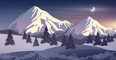 Geceleri dağlar, ay ve ağaçlarla kaplı kış manzarası. Merhaba kış tebrik kartı. Mutlu Noeller tebrik kartı şablonu. Düz bir şekilde vektör illüstrasyonu. Web sitesi şablonu