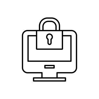 Güvenli bağlantı ana hatları konsept simgesi. Laptop ekranına kilitlenmiş hesap. Basit çizgi simgesi. Beyaz arkaplanda izole et. Vektör.