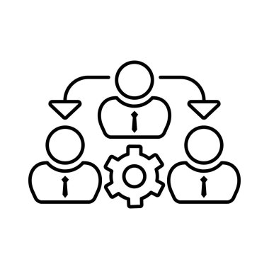Yönetim ana hatları simgesi. Okları ve dişli çarkları olan üç erkek figürü. İnsanlar geri bildirim simgesi vektör tasarım örneklerini trend biçiminde tartışır