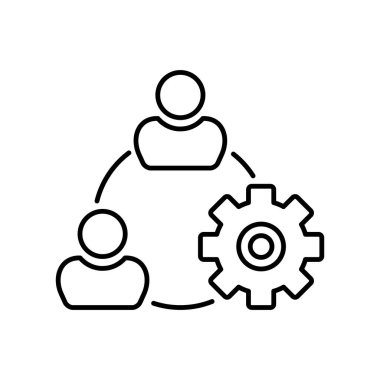 Gelişim ana hatları simgesi. Erkek figürler ve ok çemberindeki dişliler. İşlem süreci simgesi, veri güncelleme satırı simgesi ayarlanıyor. Düzenlenebilir vuruş