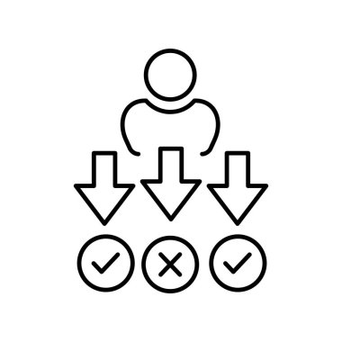 İş kararı taslak ikonu. Oklu, doğru ve yanlış işaretli bir erkek figürü. Konsept çizgisi simgesine karar ver. Basit element çizimi. konsept özet sembolü tasarımına karar ver.