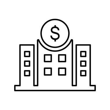 Ofis binası ana hatları bembeyaz simge. Şirket ikonu. Üstünde dolar parası olan bir simge oluşturuluyor
