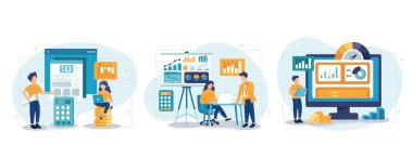 Finansal veri analizi seti. Müşteri danışmanı mali raporları analiz ediyor ve vergi raporlarını hesaplıyor. Veri ve finans yönetimi kavramı. Vektör illüstrasyonu.