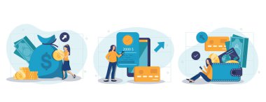 Mali illüstrasyon seti. Karakterler nakit, kredi kartı veya tasarruf banka hesaplarında para tasarrufu yapıyor. Kişisel finans yönetimi ve tasarruf kavramı. Vektör illüstrasyonu.