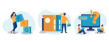 Sıklık sorulan sorular ve yardımcı çizim seti. Yardım masası hizmeti ile iletişime geçen, sorular soran ve cevapları alan karakterler. Müşteri destek konsepti. Vektör illüstrasyonu.