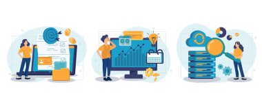 Enterprise strateji geliştirme soyut konsept vektör çizimi seti. İş zekası ve iş kuralları, büyük veri analizleri, uygulama yazılımı, veri yönetimi soyut metaforu.